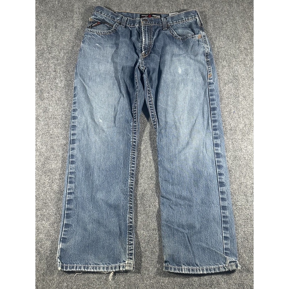 Ariat FR Jeans Mens 35x30 M4 Low Rise Boot Cut Blue Flame Resistant Distressed